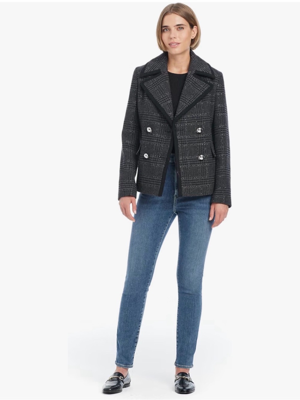 KATE SPADE Black Gray Plaid Shimmer Double Breasted Peacoat Women’s Size Medium